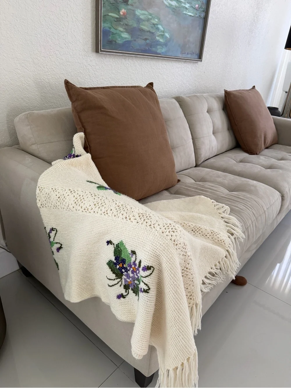 Embroidered Floral Crochet throw blanket- Purple & Green Violets